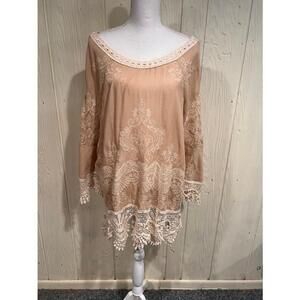 Solitaire Beige Embroidered Bell Sleeve Lace Top XL